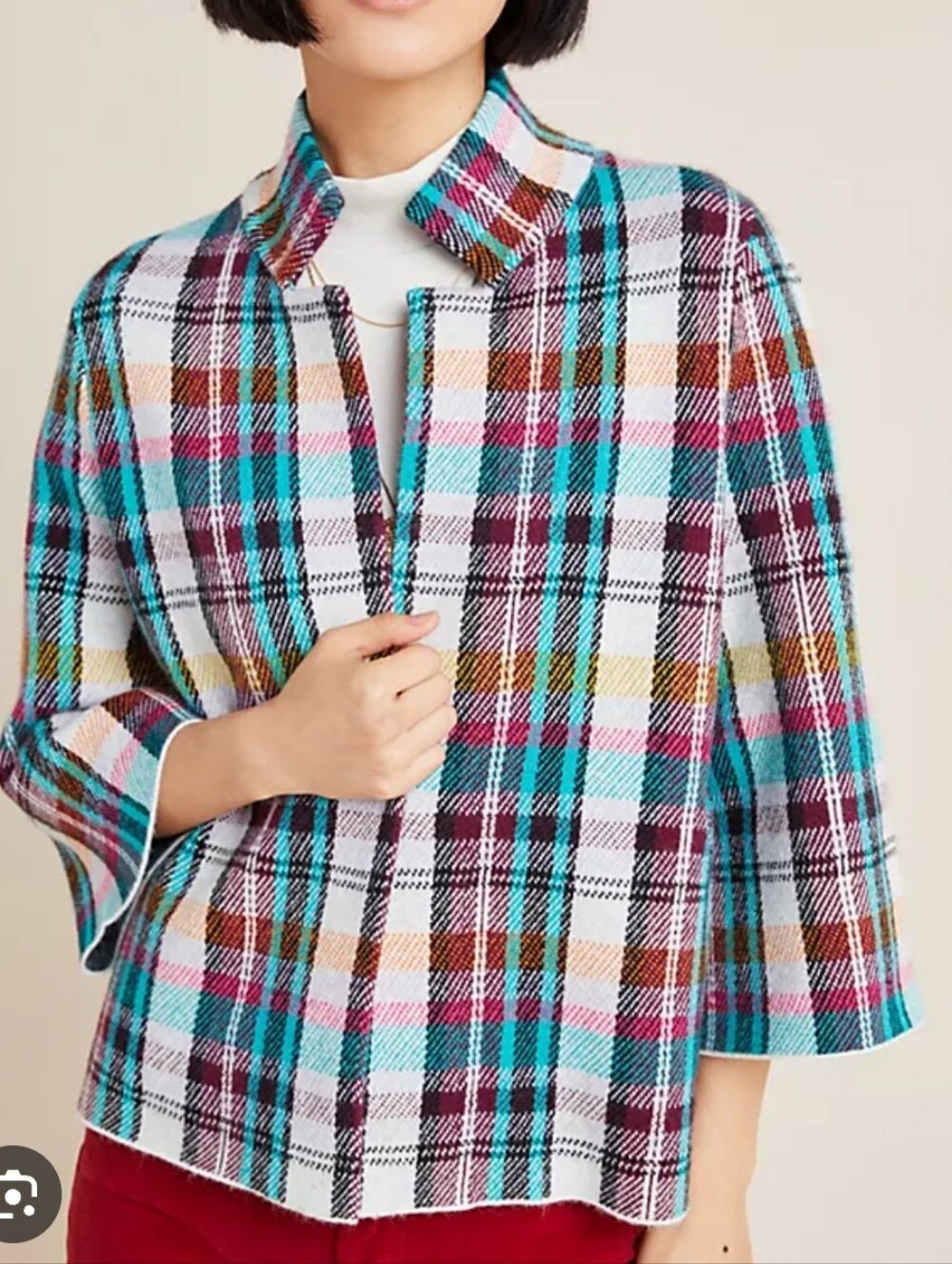 Anthropologie 2X Cropped Rosetya Teal Pink Burgundy Plaid Open Cardigan